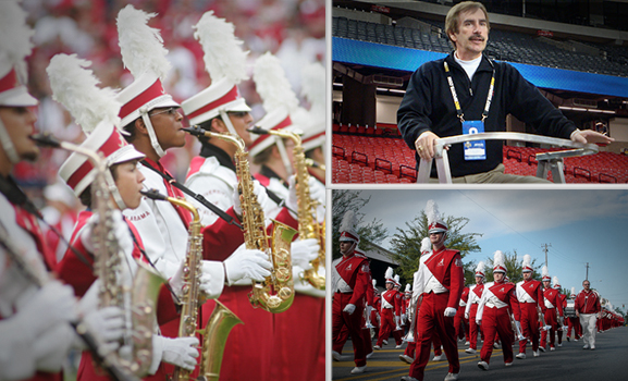Clockwise from left: band members performing; Director Ken Ozzello; the band marching down the University Boulevard Strip.