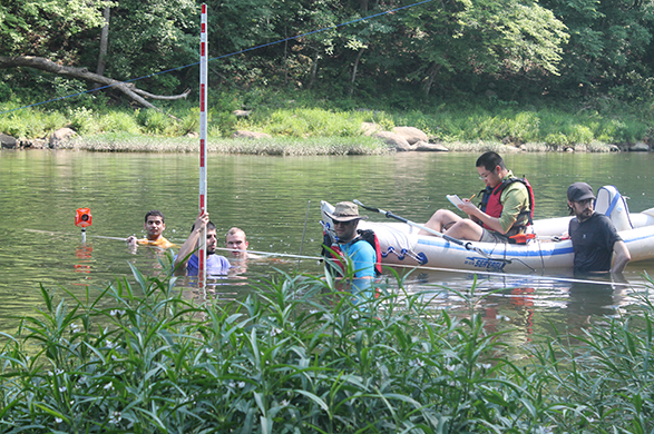 NFIE participants and Dr. Sagy Cohen wading in the Cahaba River