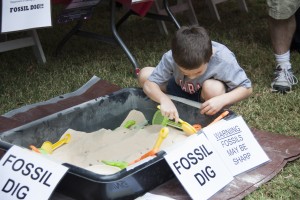 A child digging for fossils at the A&S homecoming tent.