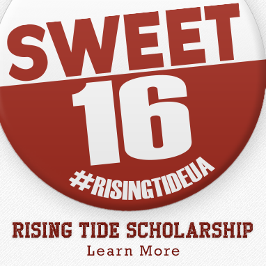 Rising Tide campaign button representing the Sweet 16 button that students services is selling to raise money for scholarships.