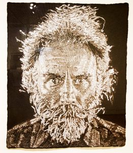 black and white painting of an old, bearded man