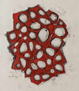an irregular red shape, perforated by holes