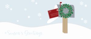 Banner of a snowy landscape with a mailbox and a snow hill with the words season's greetings