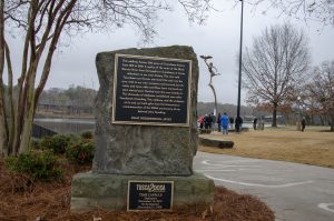 bicentennial timeline, time capsule, and Minerva sculpture at Manderson Landing