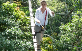 A woman crosses through a rainforest on a rope bridge