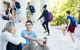 students on the library steps