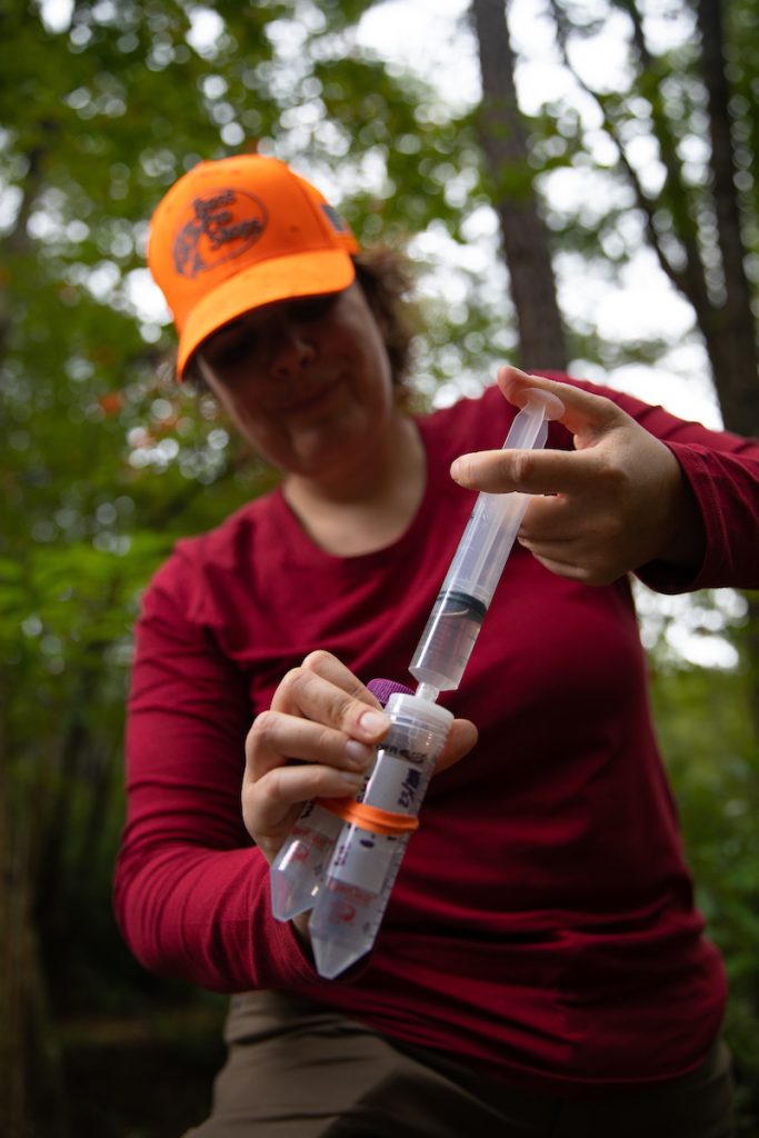scientist in a wooded area using a syringe to transfer a water sample into a test tube